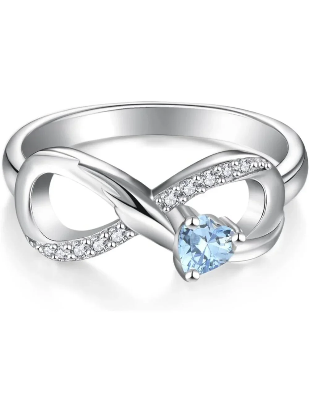 Women Aquamarine Mar 925 Sterling Silver Infinity Promise Angel Wings Heart Ring